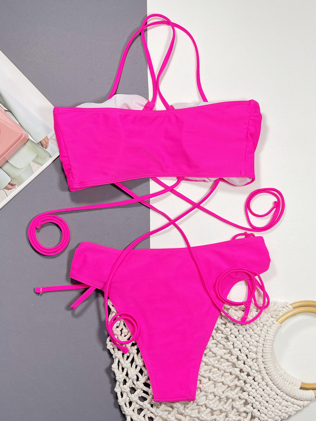 Hot pink bikini set back view on model