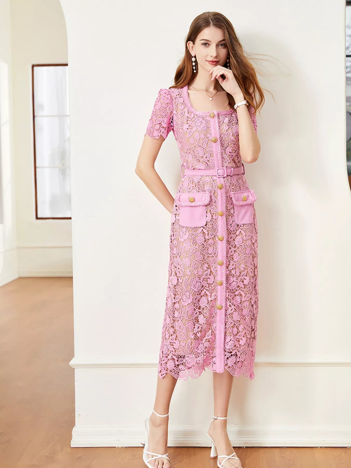Black lace midi dress full length view