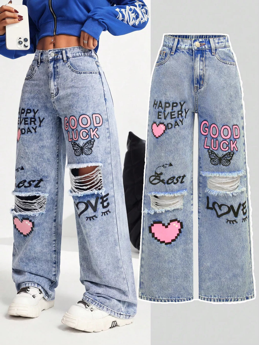 Graffiti print wide leg jeans back view