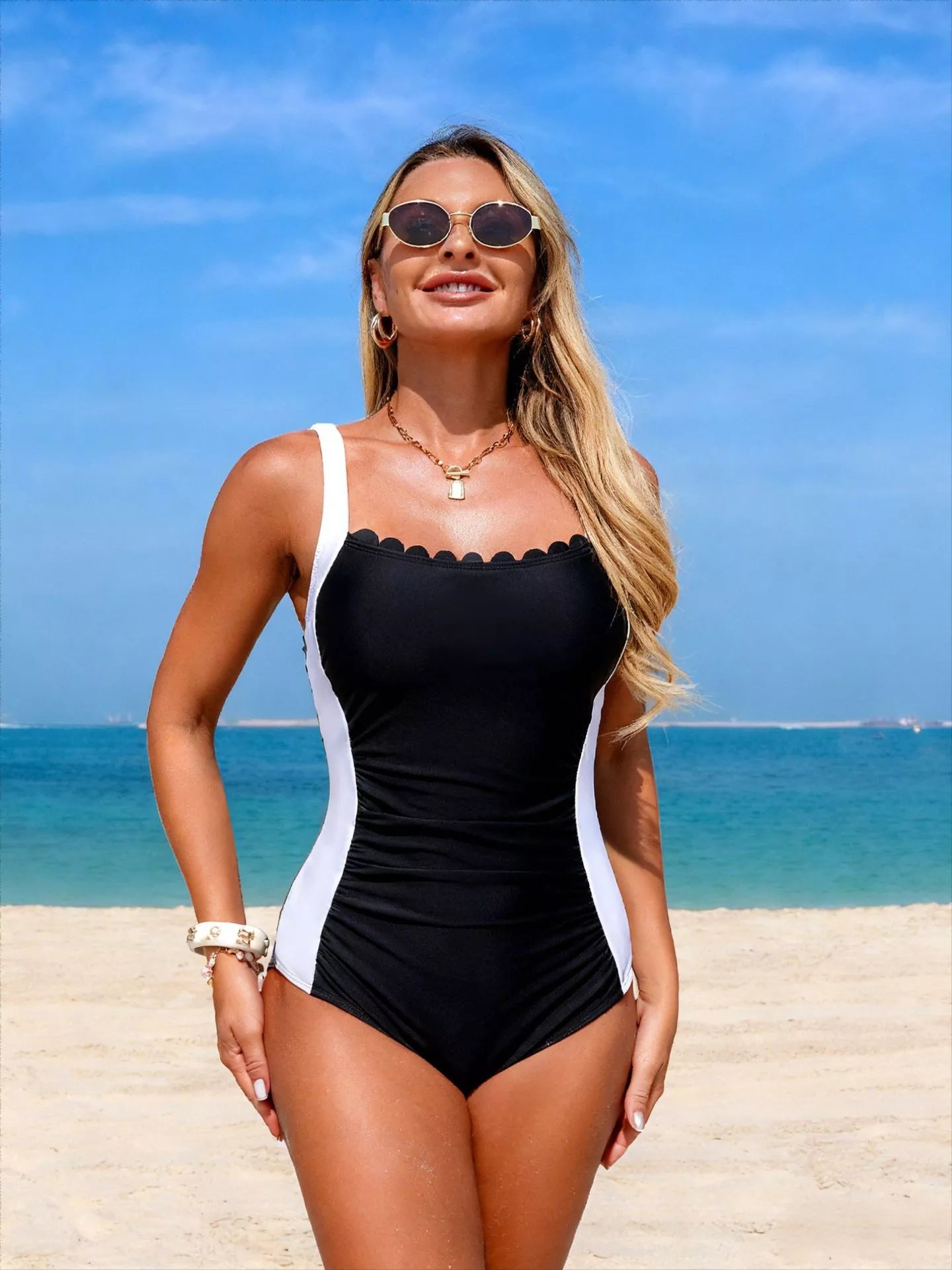 Two tone swimsuit model beach look