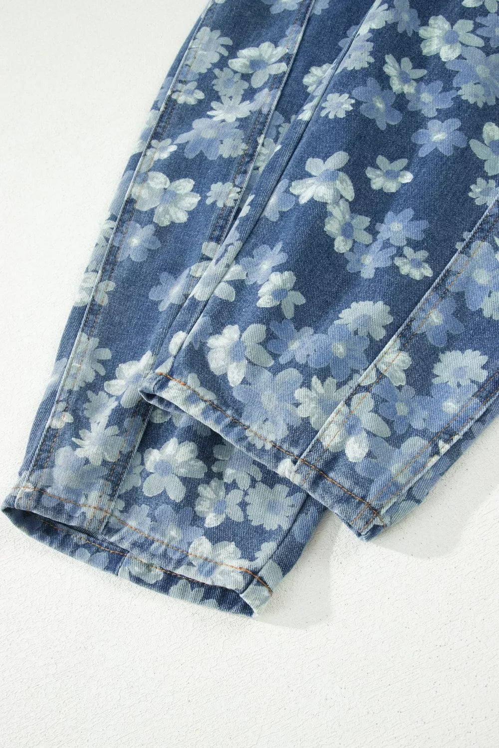 Floral barrel jeans walking view