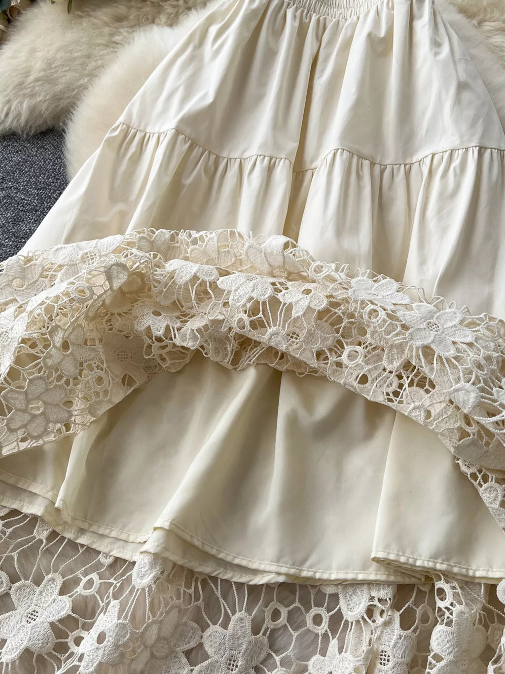 Apricot tiered skirt lace tier detail close up