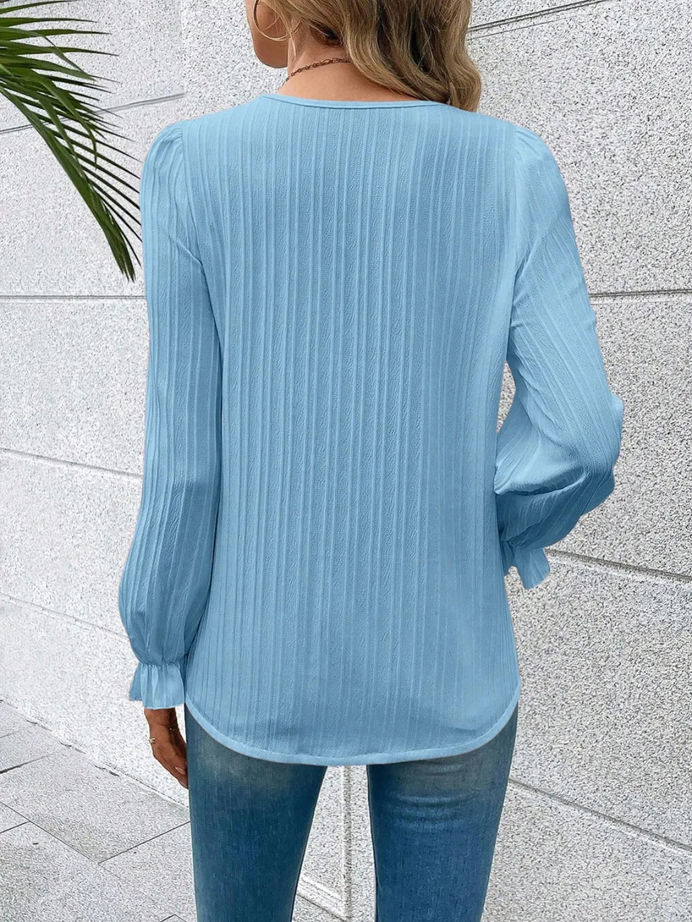 Black v neck lace flounce sleeve blouse front view