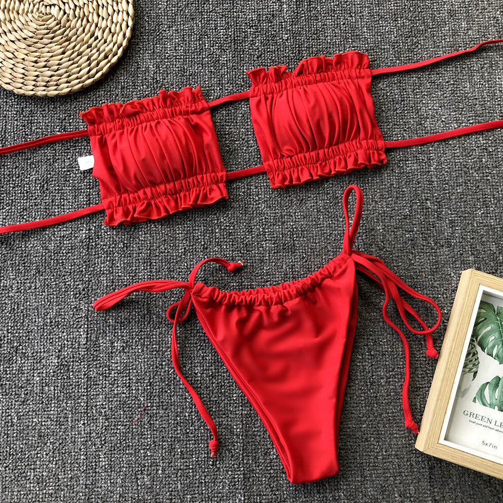 Frill trim ruched bikini set styled beach