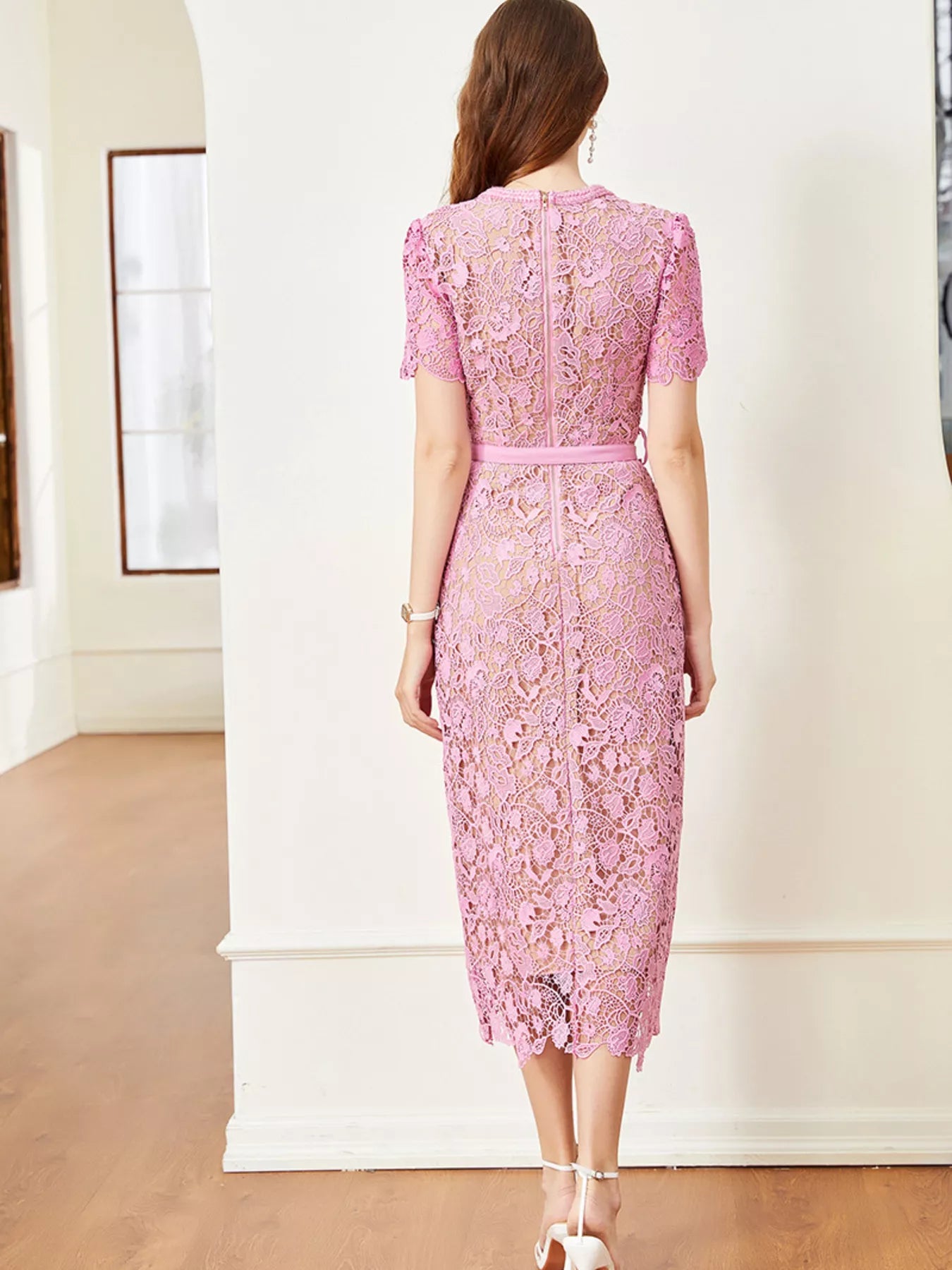Pink lace button up midi dress front view