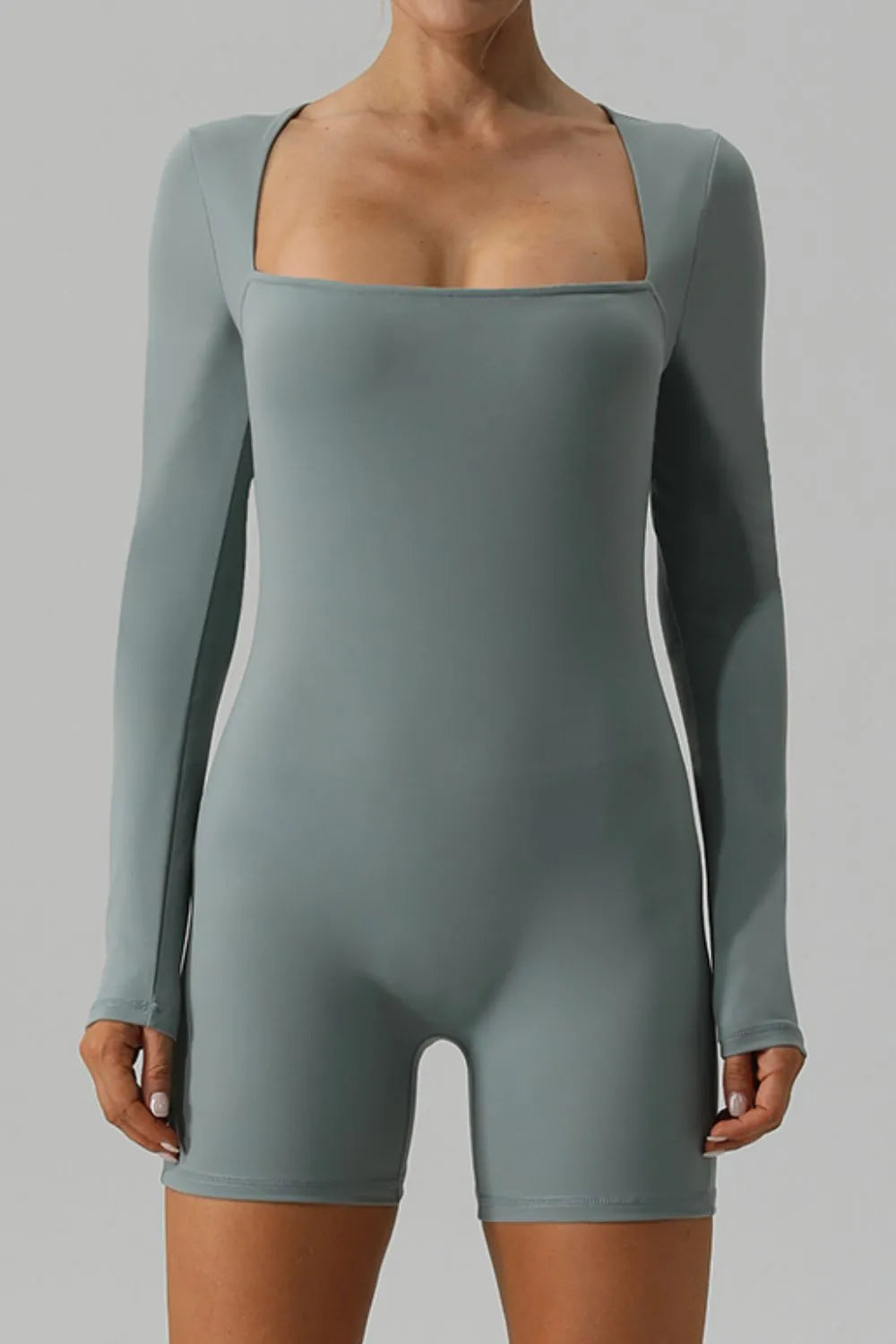 Light green square neck active romper front view