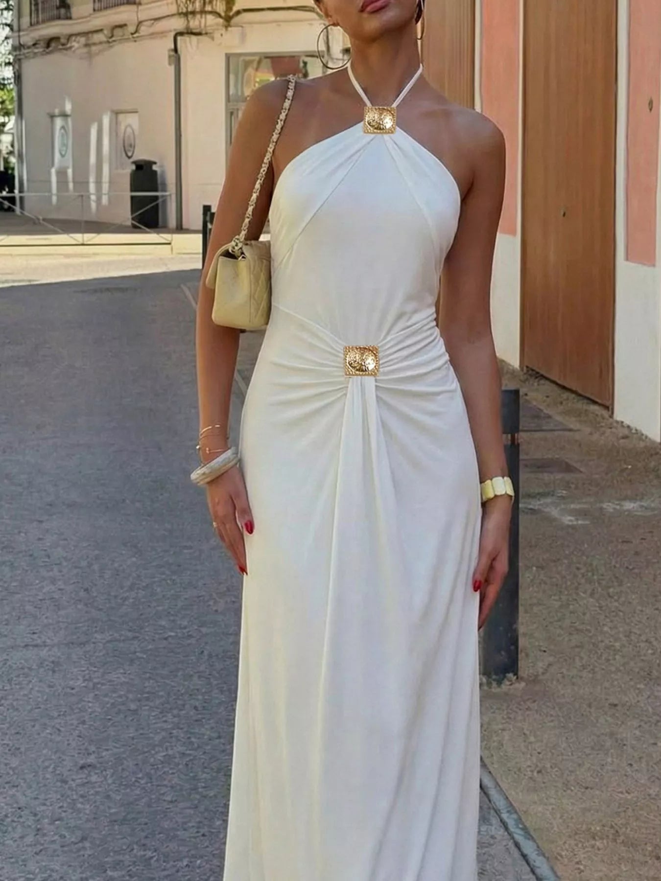 Halter neck maxi dress side view