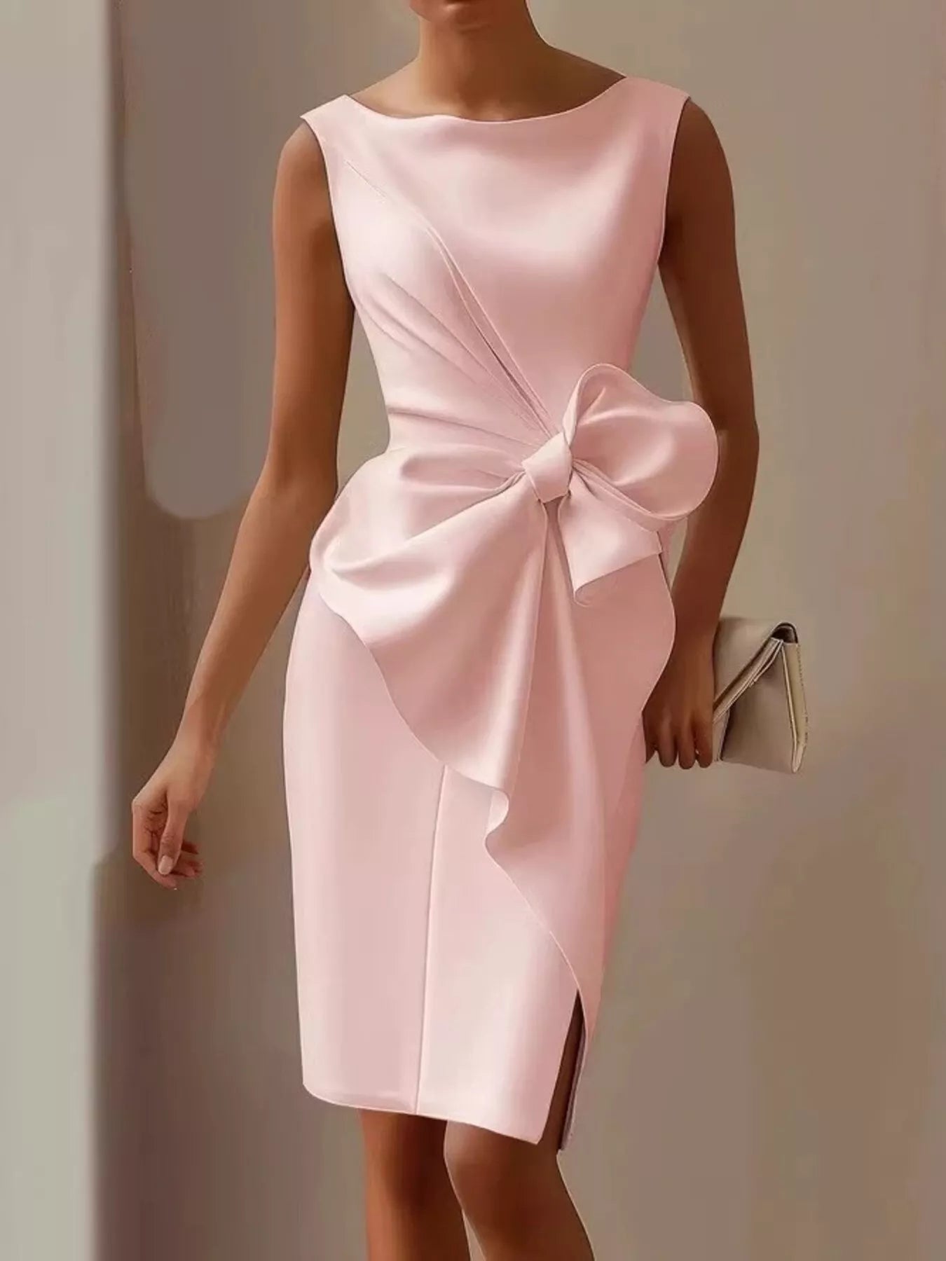 Pink bow detail sleeveless dress front view