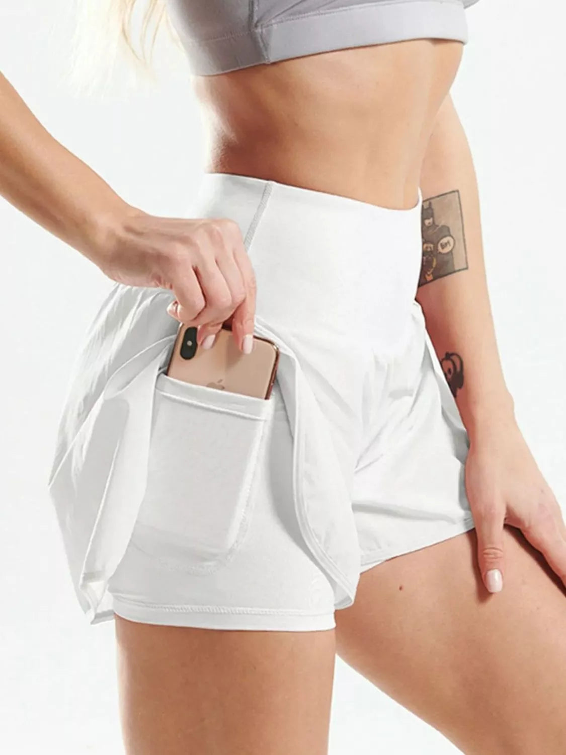 White high waist active shorts front view on model