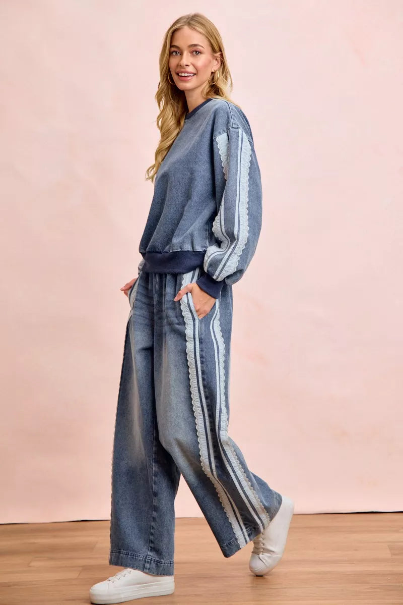 Denim lace contrast side sweatshirt full outfit