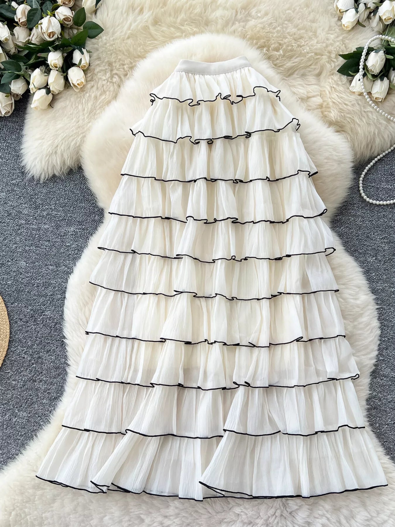 Ruffled contrast trim tiered skirt in apricot, front view