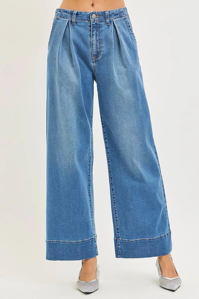 RISEN slouchy pleated wide leg jeans front view