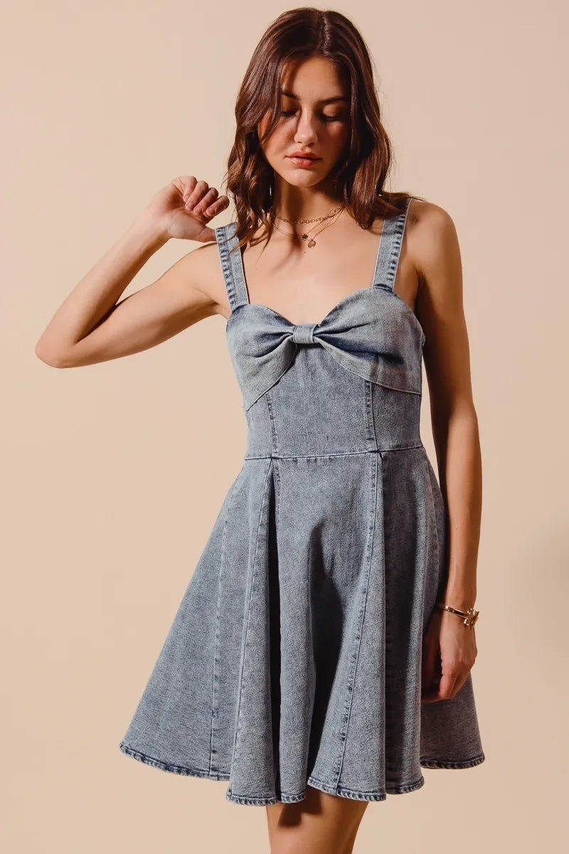 Denim flare dress with bow ribbon side view