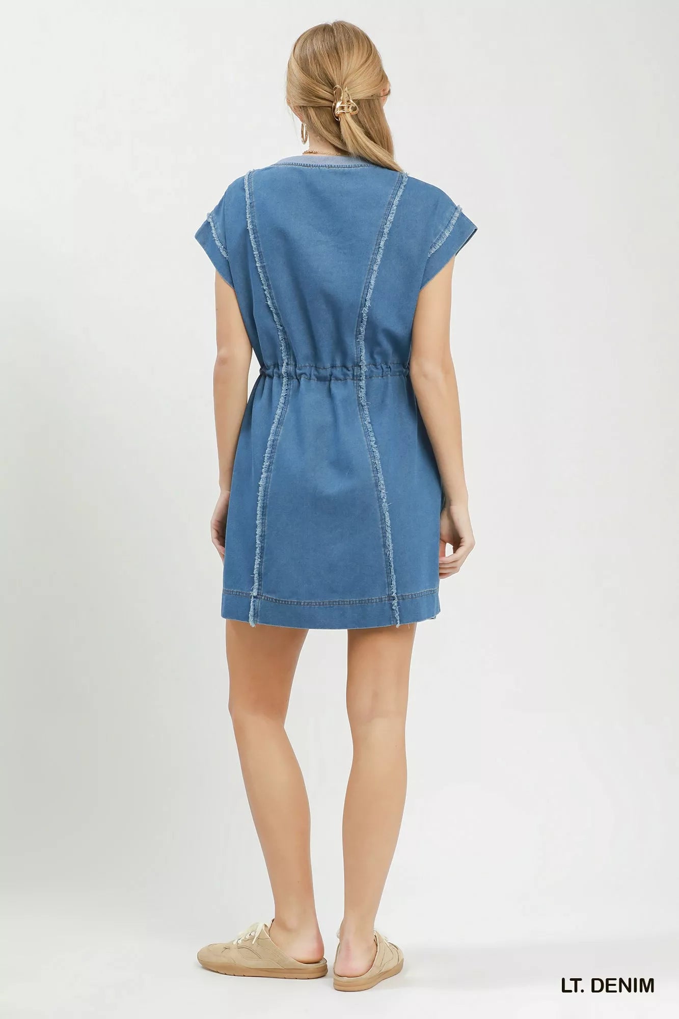 Drawstring waist detail on denim dress