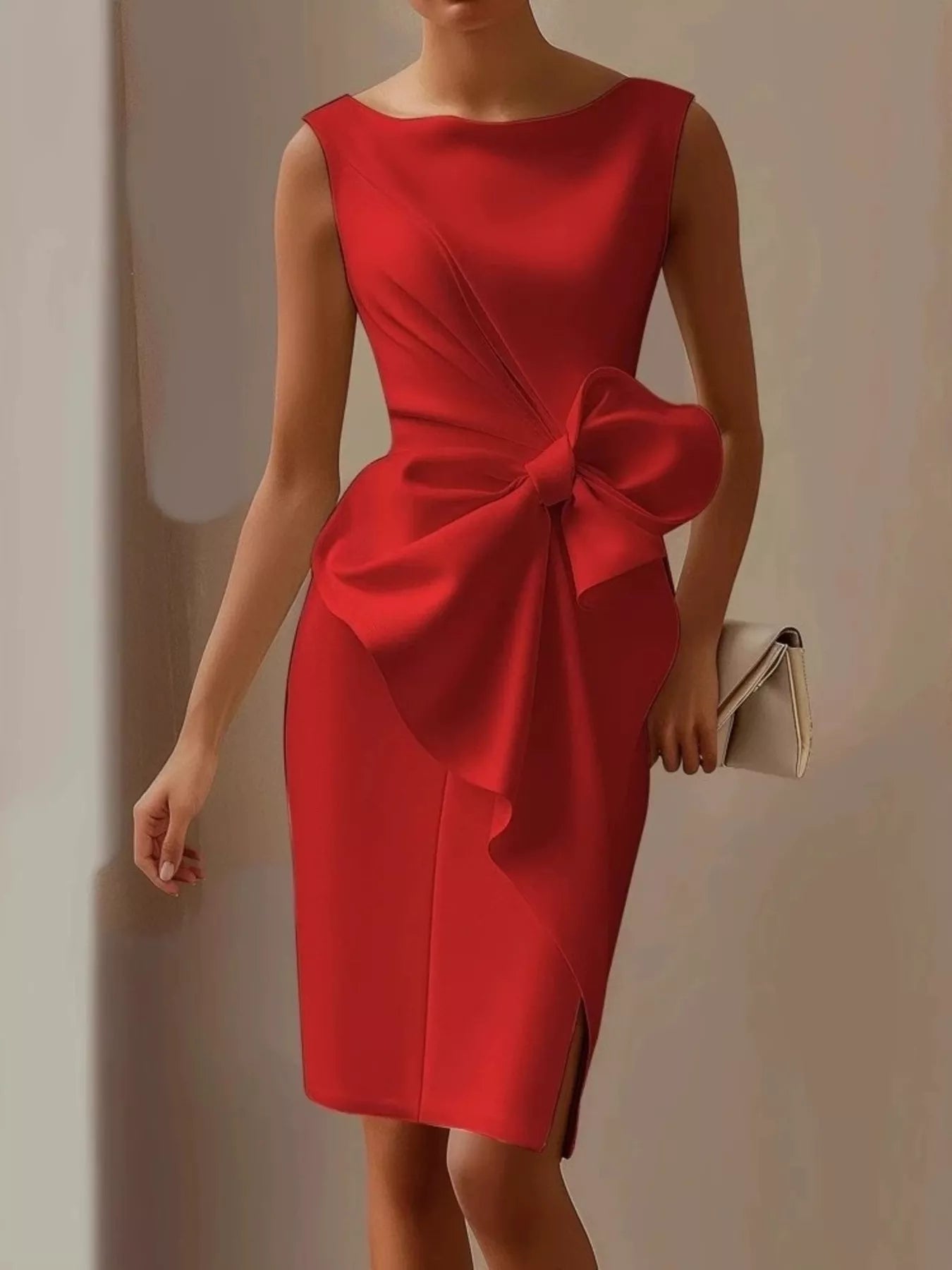 Red bow detail sleeveless dress front view