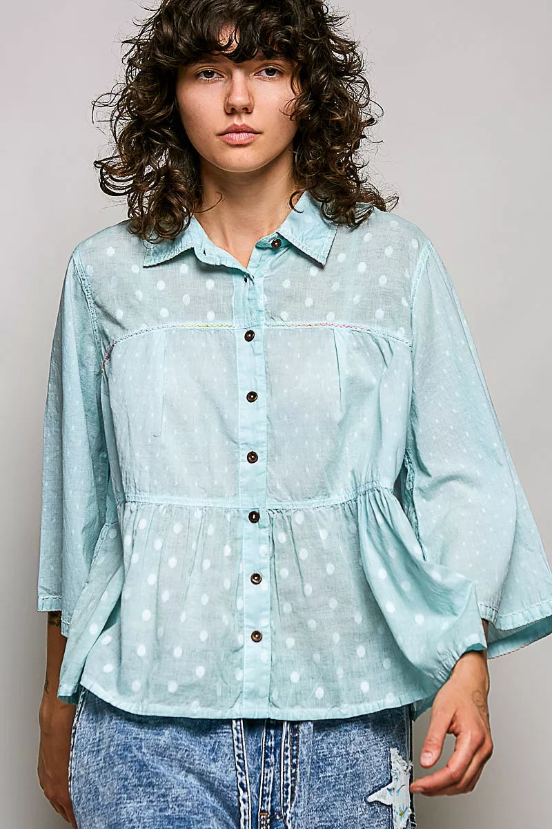 Tonal dot weave button front shirt front view in aqua