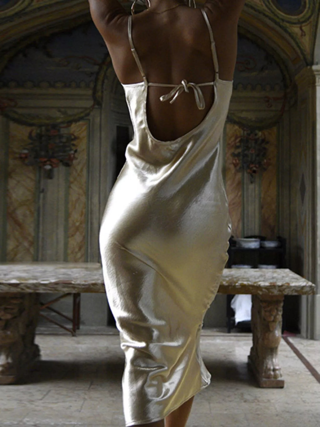 Cowl neck midi dress evening styled look