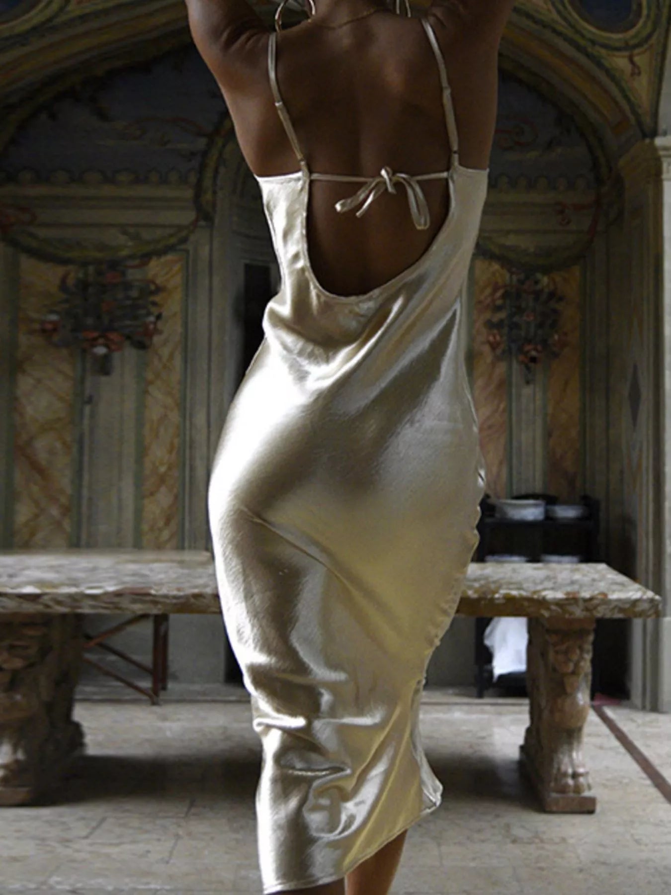 Cowl neck midi dress evening styled look