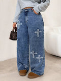 Dark blue embellished cross wide leg jeans front view on model