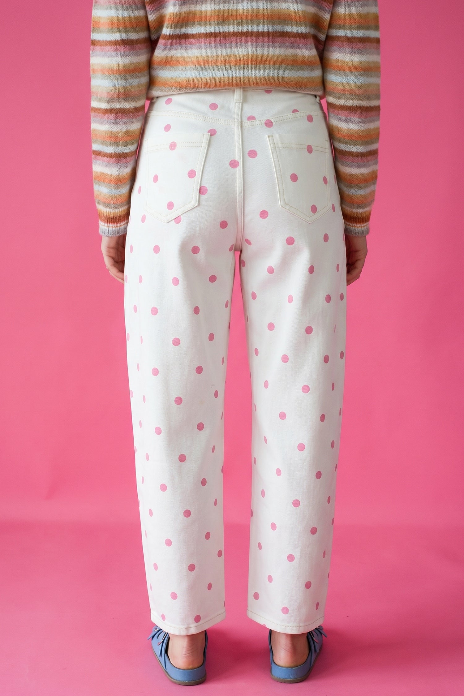 Blue Tailored Seam Polka Dot Print Barrel Casual Jeans
