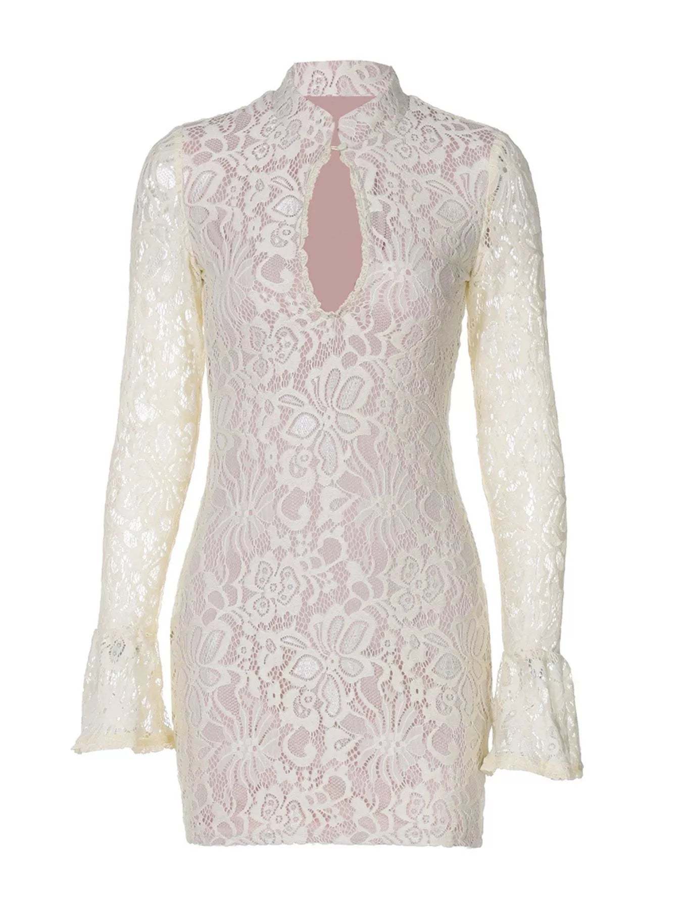 Yellow lace cutout long sleeve mini dress side view