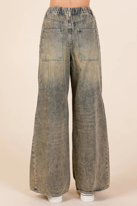 Washed wide leg denim jeans side view