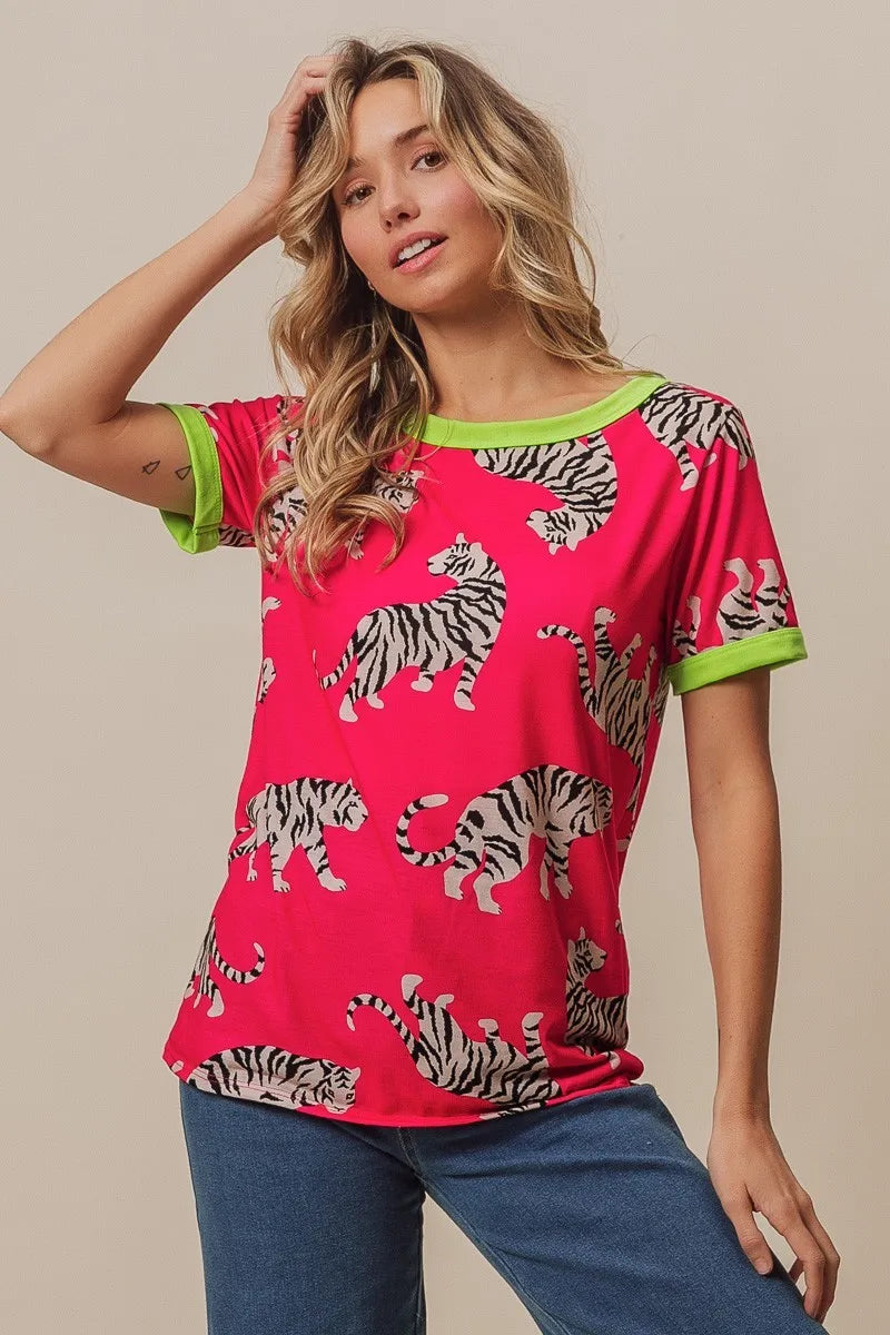 Tiger print jersey top styled with denim