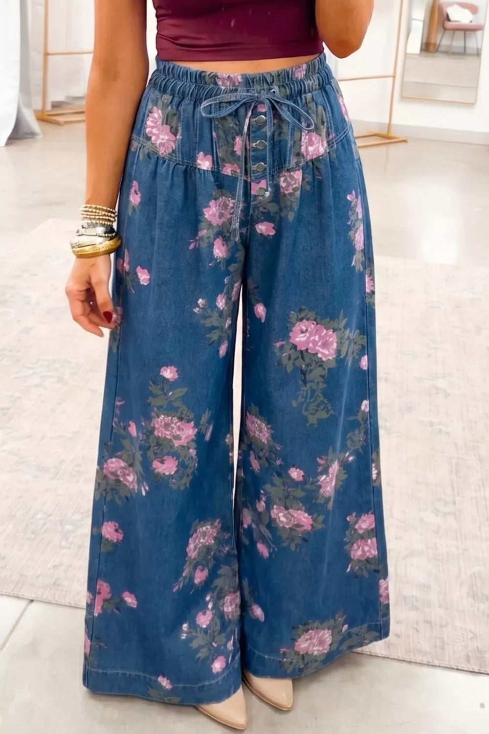 Floral print wide leg jeans front view