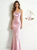 Pearl strap cowl neck satin maxi dress front view