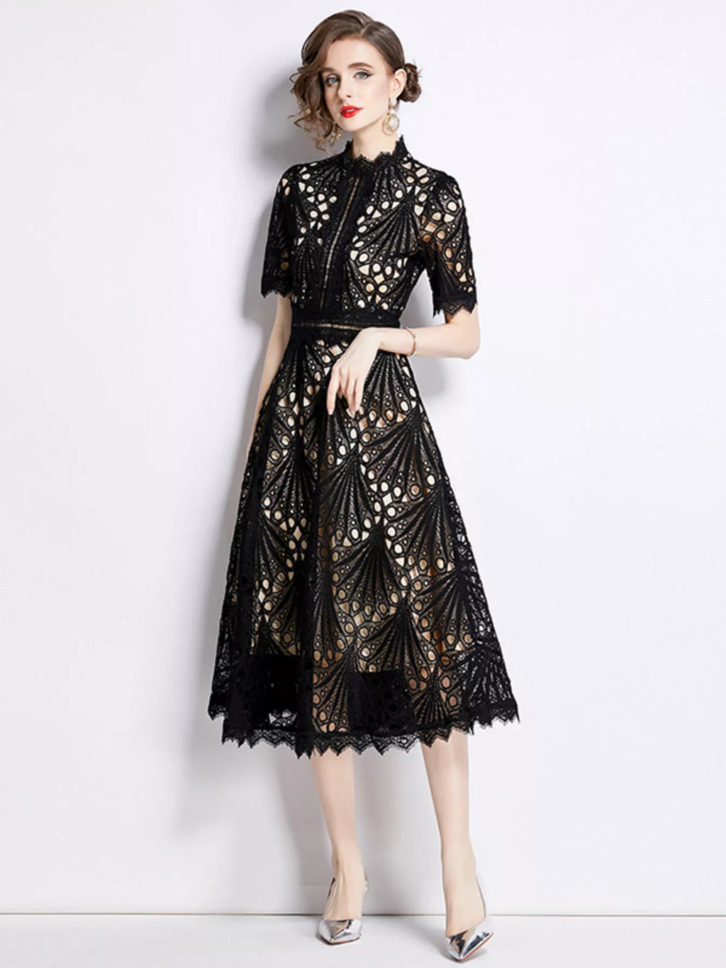 Lake blue lace short sleeve midi dress on model
