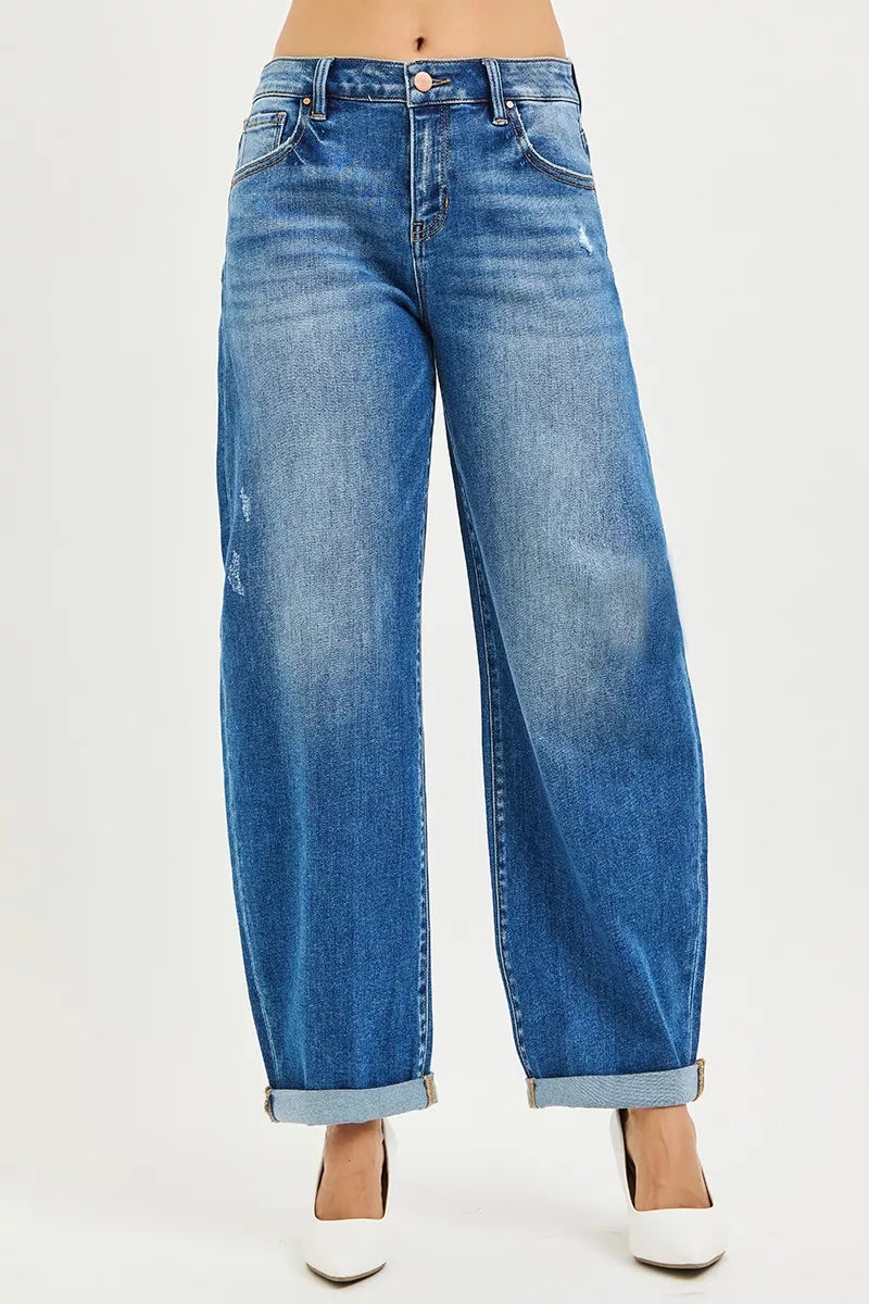 RISEN mid rise barrel roll up jeans front view
