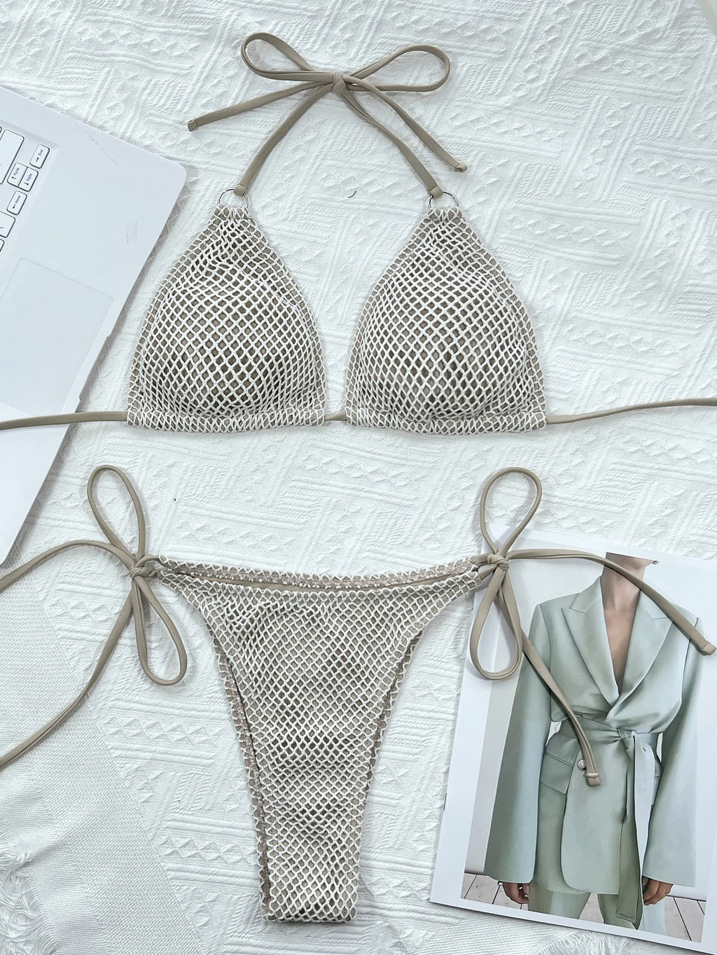 Ivory tie back bikini top and bottom side view