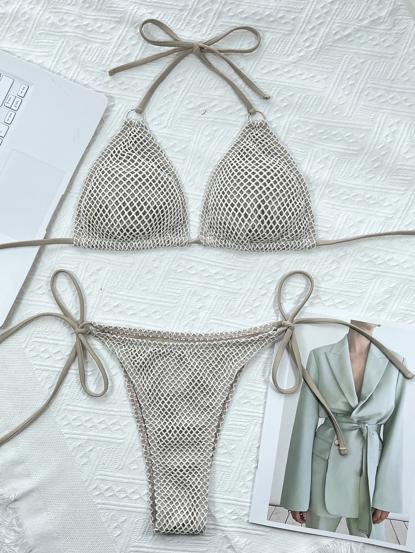 Ivory tie back bikini top and bottom side view