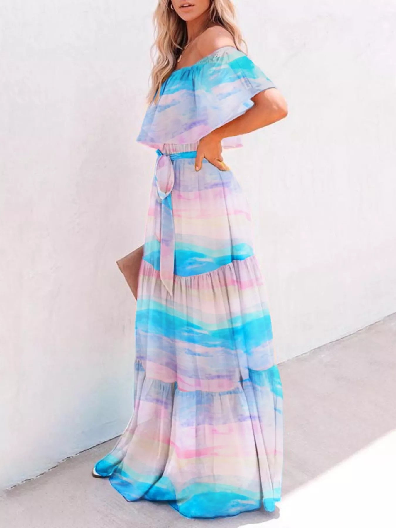 Off shoulder maxi dress tie neckline detail