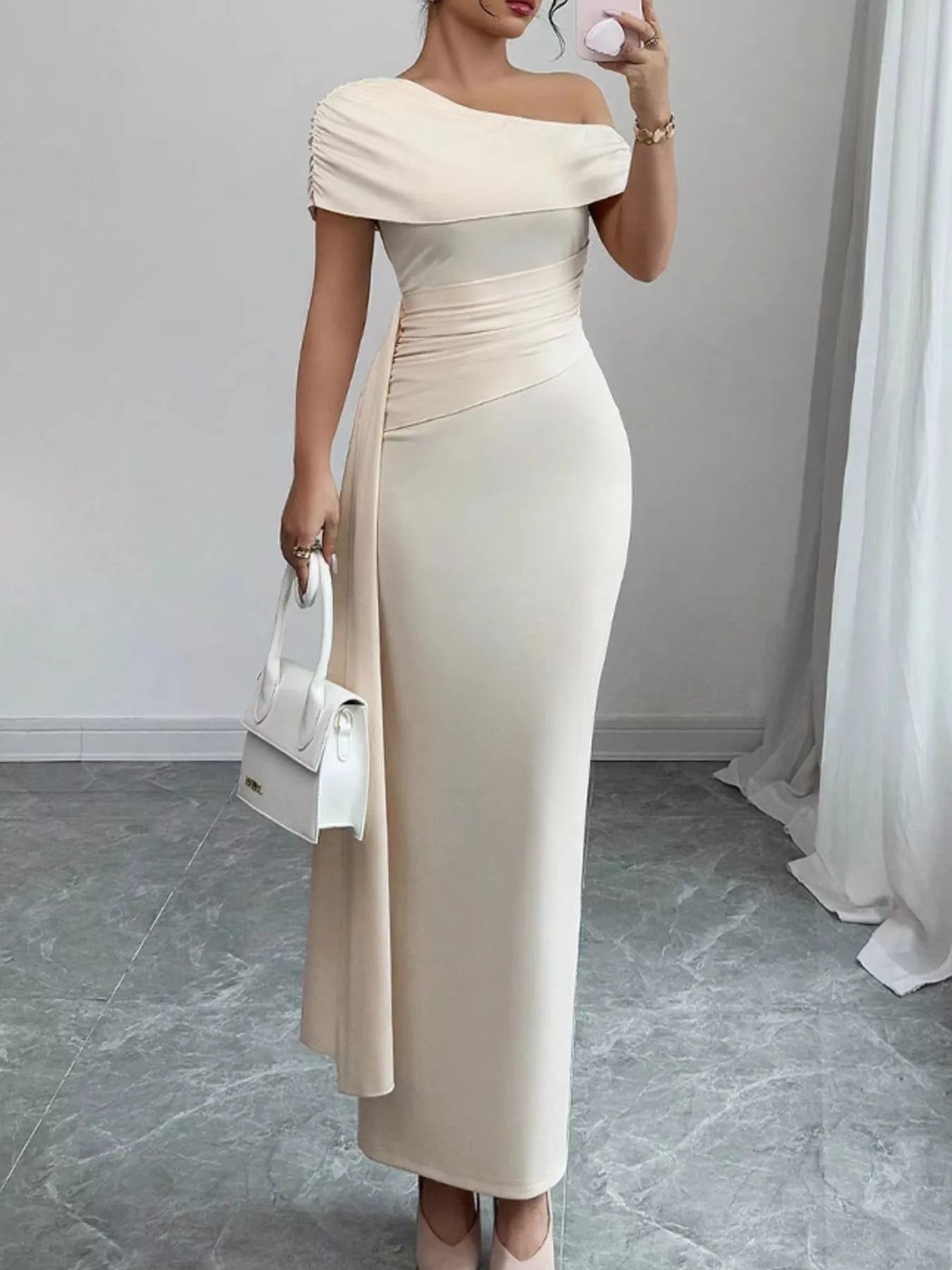 One shoulder ruched maxi dress front view