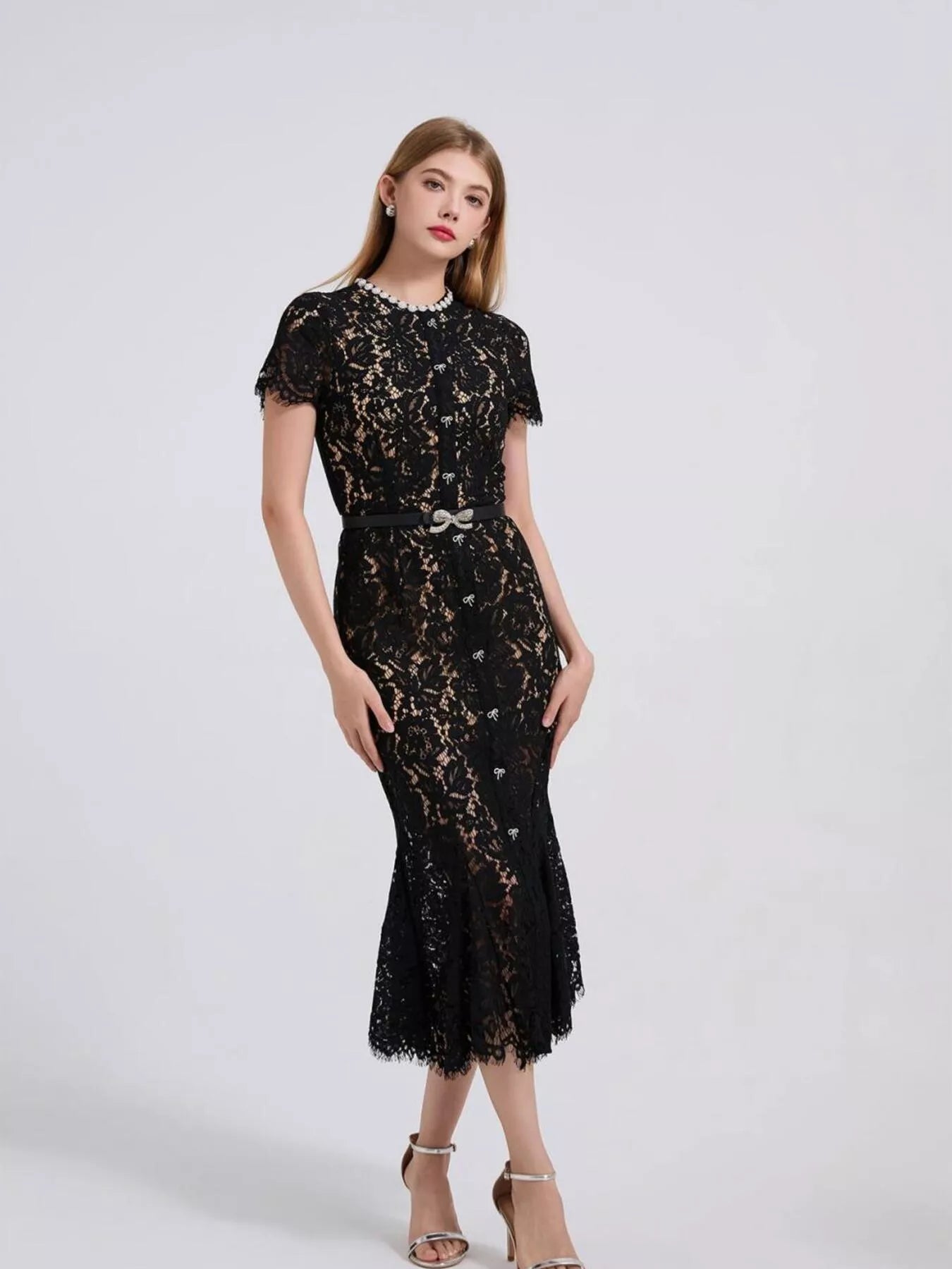 Lace evening dress side profile
