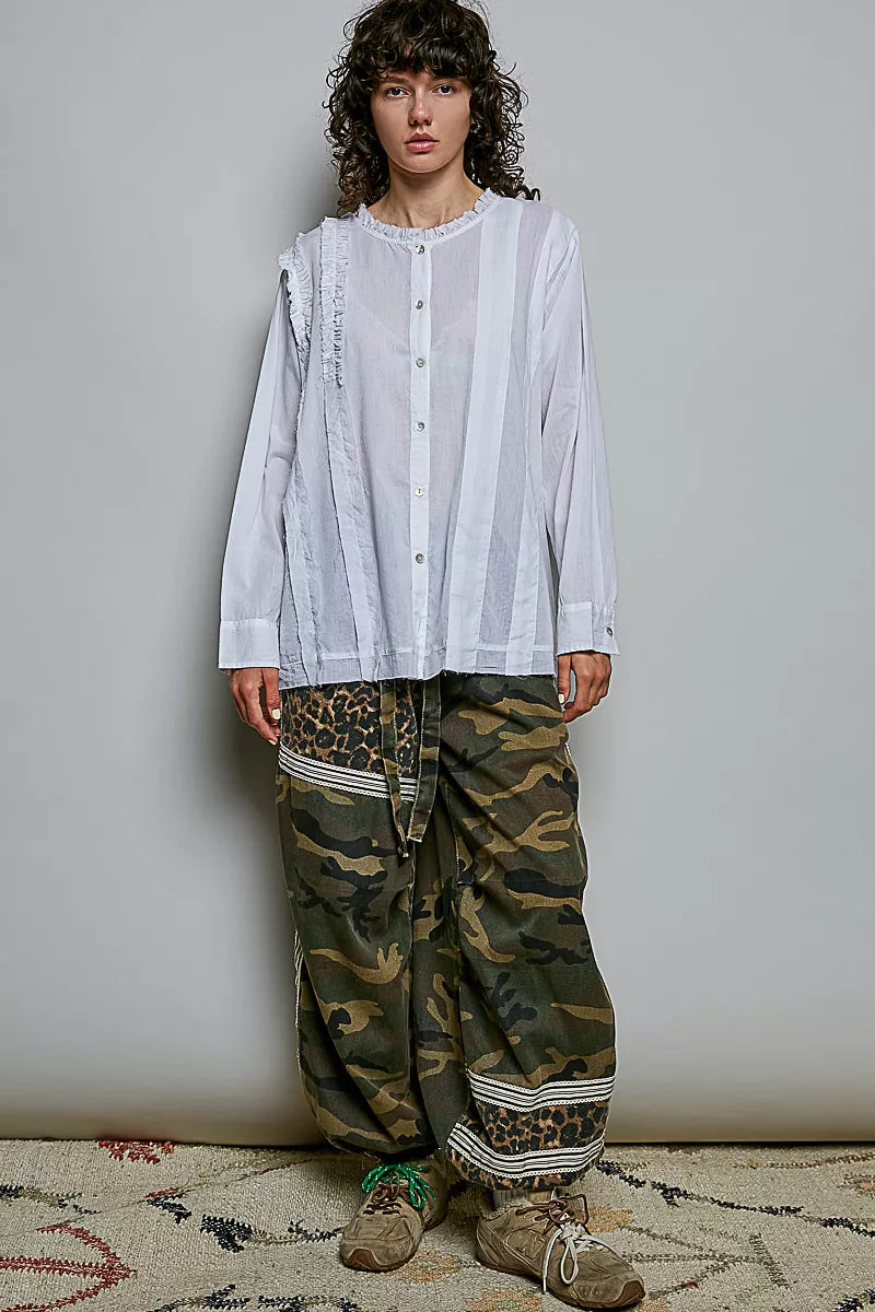 Model wearing ruffle trim woven shirt