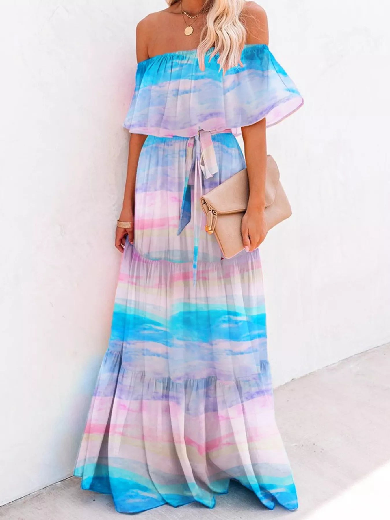 Tiered maxi dress side view showing flowy skirt