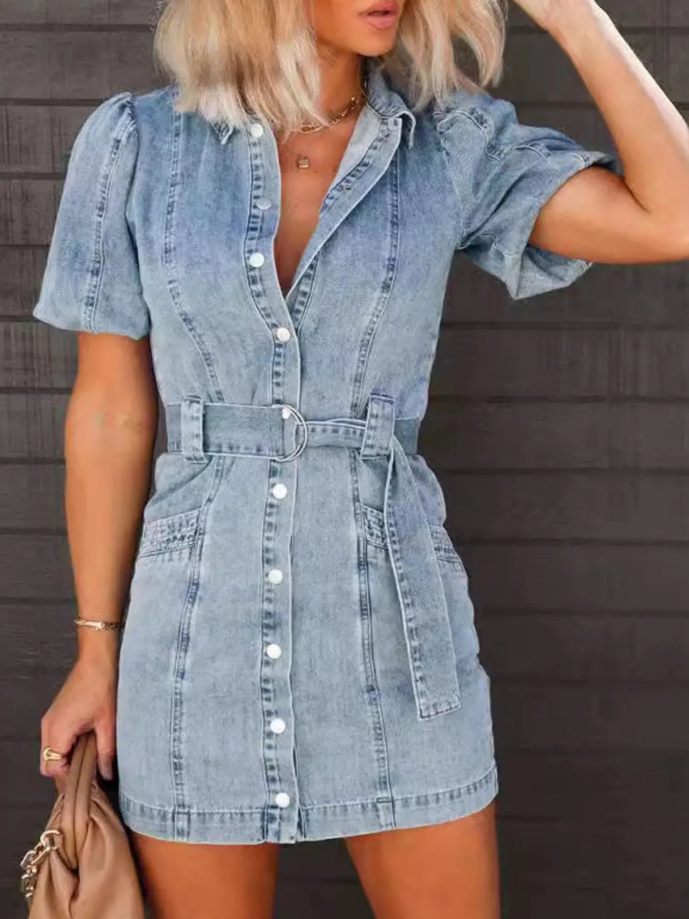 Puff sleeve detail on denim shirt dress