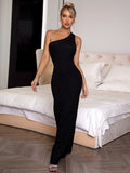 Cutout one shoulder maxi dress front view in black