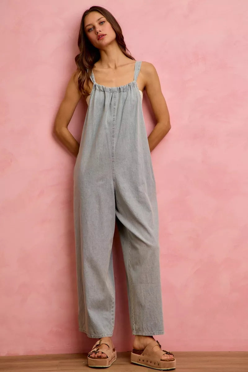 Lightweight denim overalls complete styled outfit view