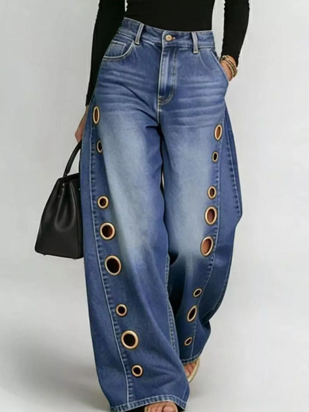 Eyelet detail wide leg jeans in blue front view