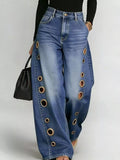 Eyelet detail wide leg jeans in blue front view