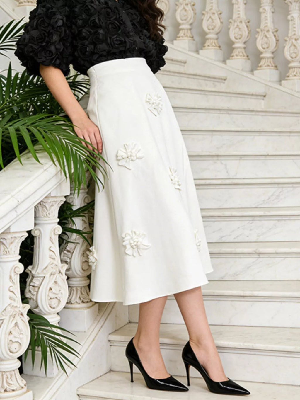 Floral embellished midi skirt front view
