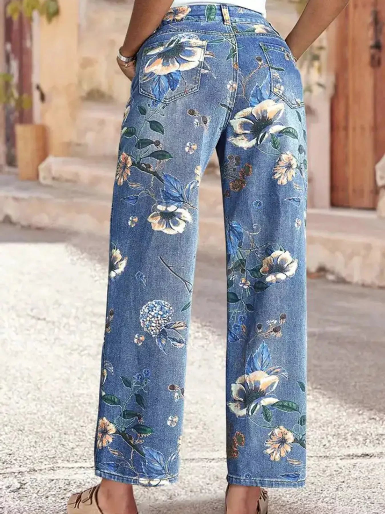 Dark blue floral print wide leg jeans front view