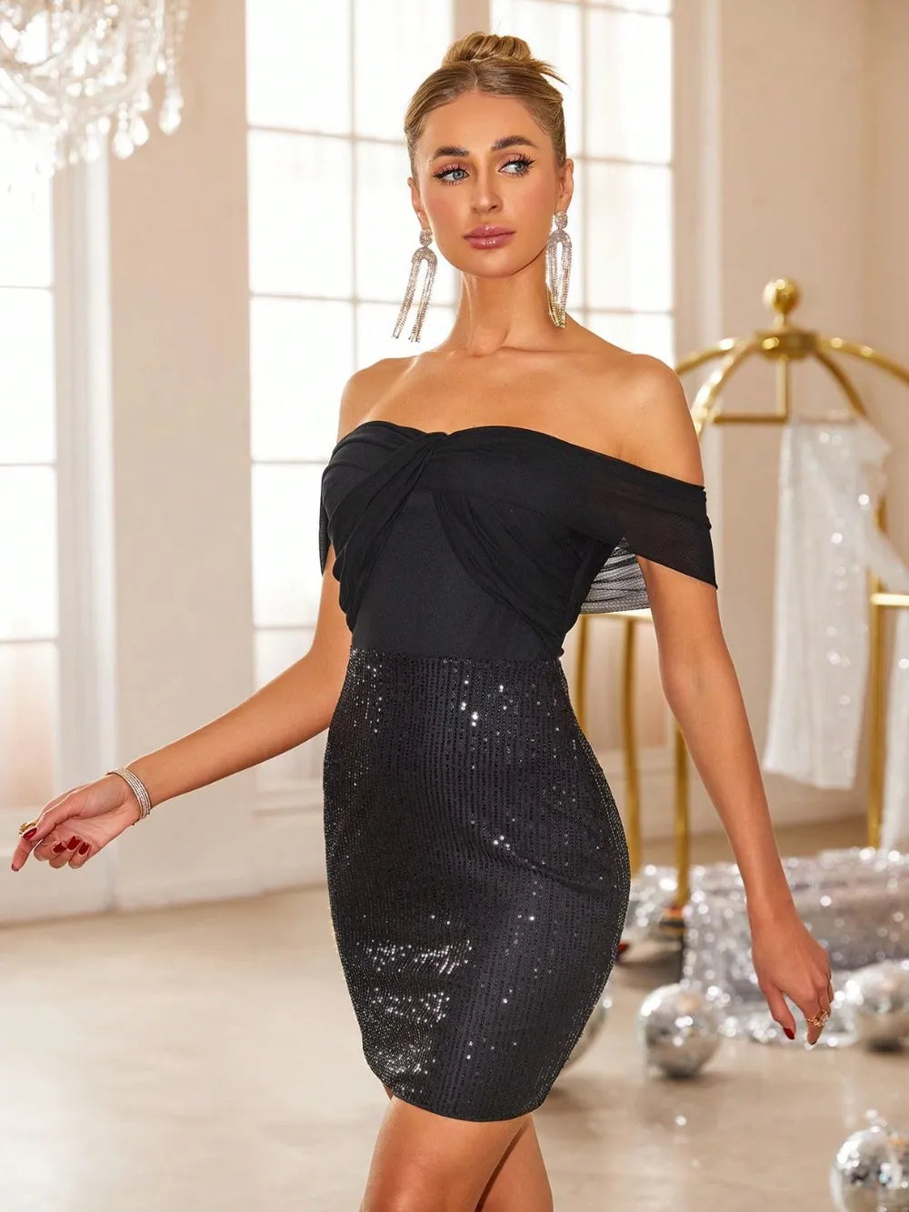 Sequin off shoulder dress full length view
