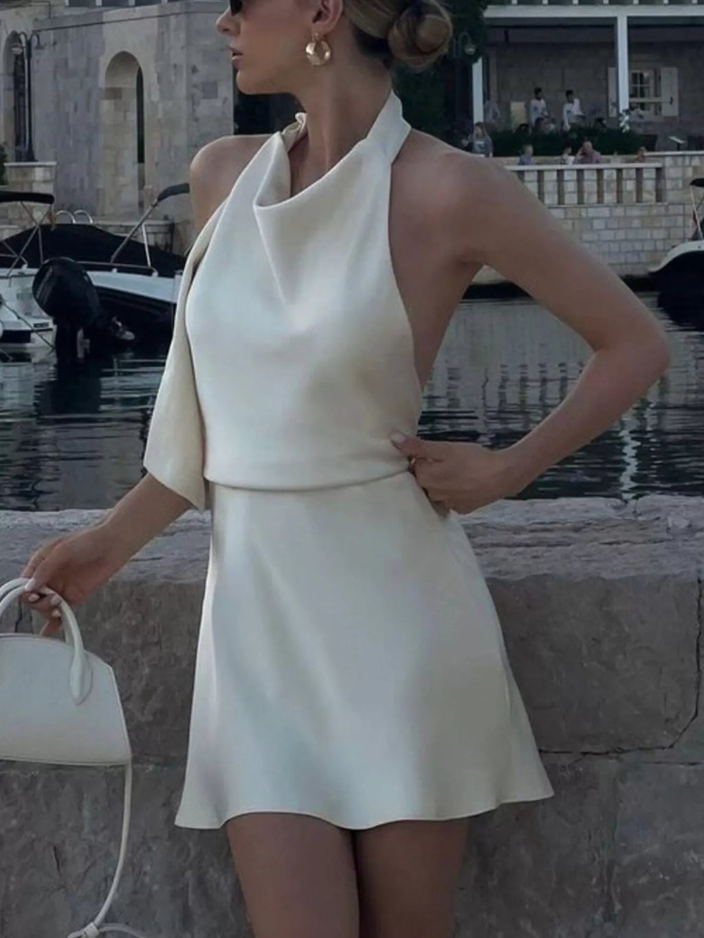 Halter neck backless mini dress front view in beige
