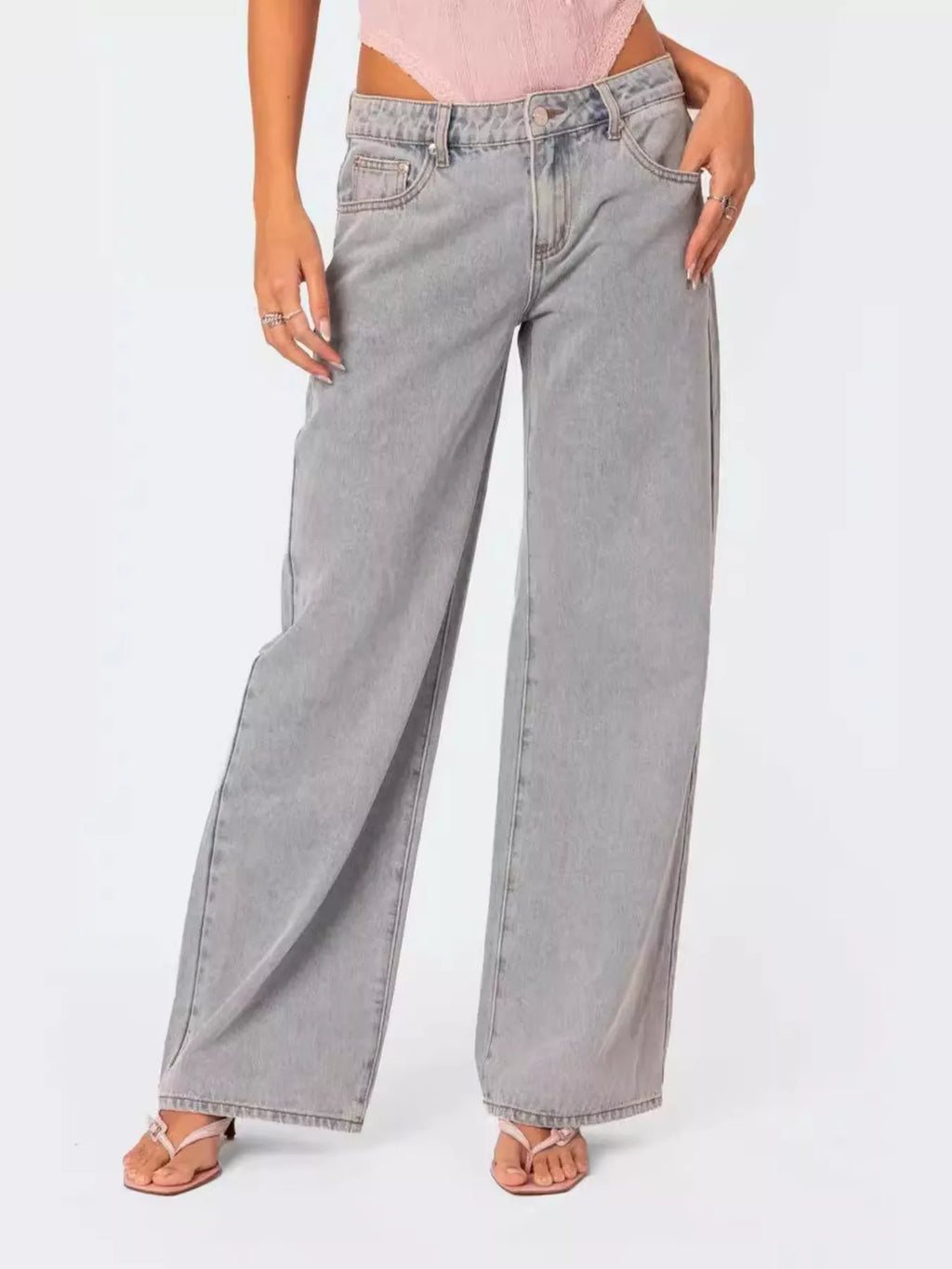 Light wash wide leg jeans front view on model