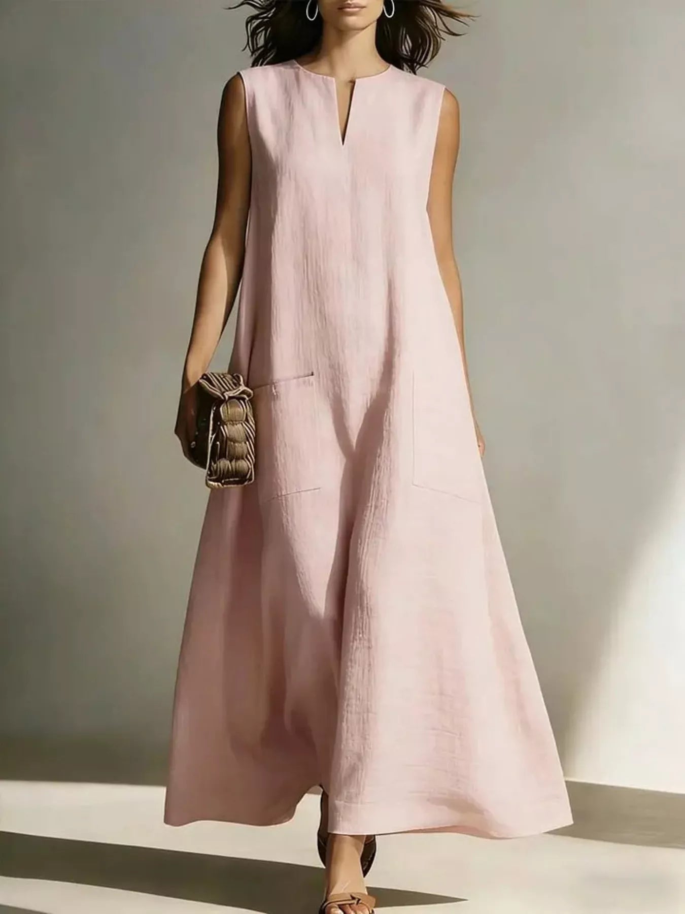 Sleeveless maxi dress in pink front view