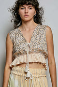 Shimmer tie front ruffle hem crop top front view